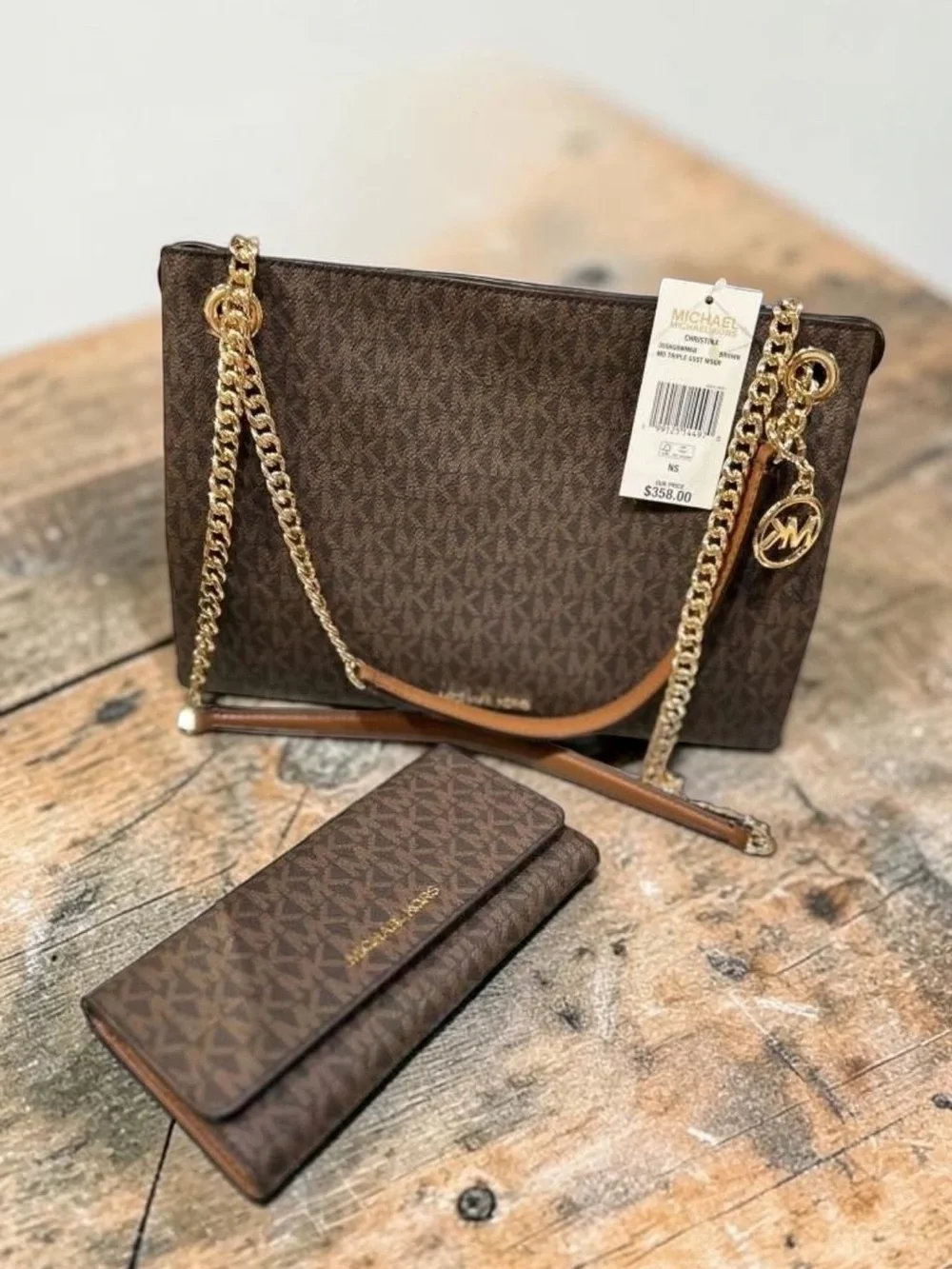 Michael Kors Brown Signature Chain Shoulder Bag with Wallet Set
